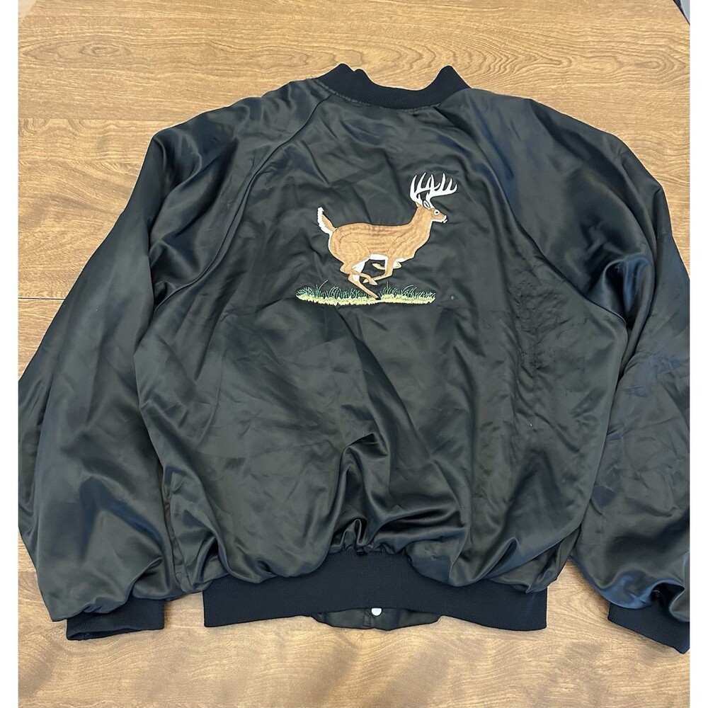 Hartwell Jacket Mens XL Black Nylon Satin Bomber Embroidered Deer Hunter Vintage